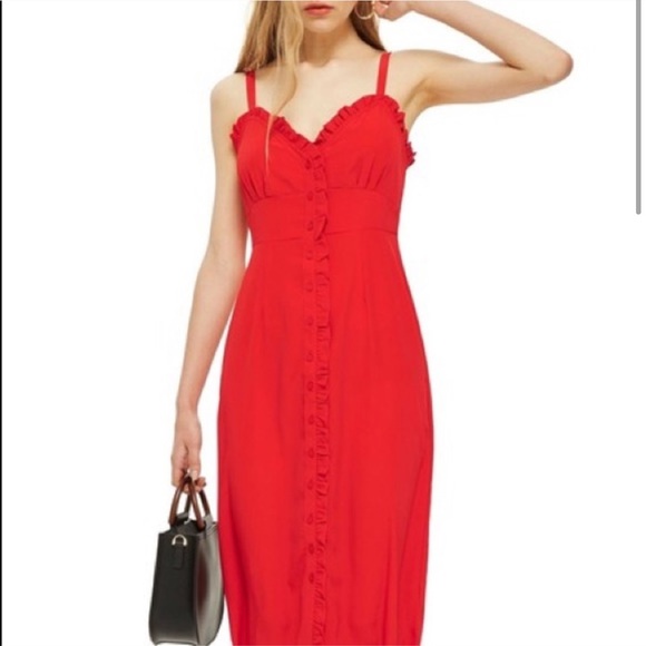 Topshop Red midi ruffle dress botton - Picture 4 of 8